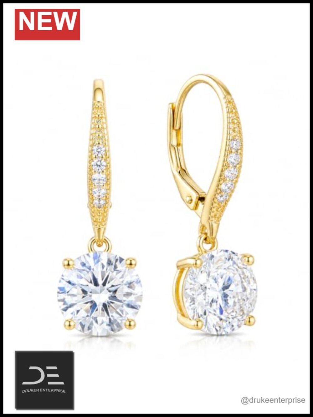 14K Gold Plated Drop Hoop Earrings with Cubic Zirconia Leverback Dangle